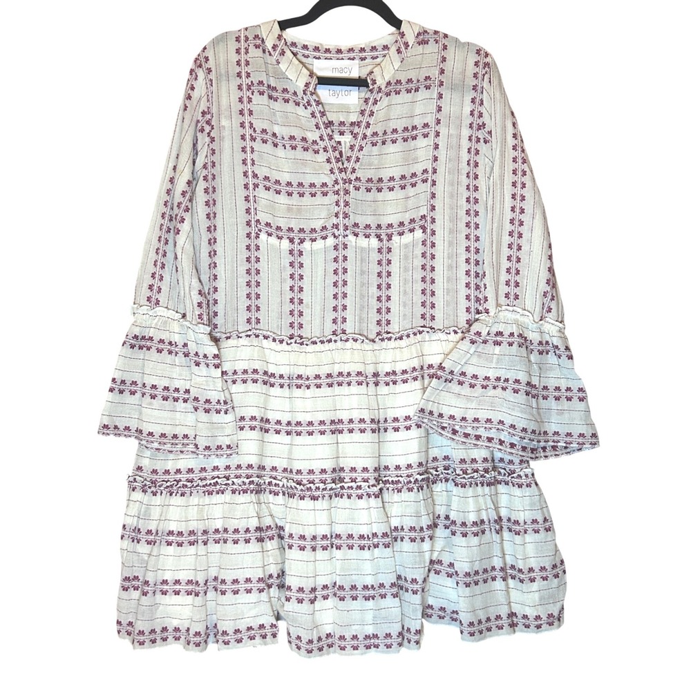 Macy & Taylor Mini Dress Women M Cream Purple Good Floral Tiered Ruffle‎ Bell